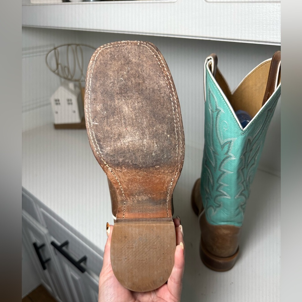 Justin Women’s 8B Cowboy Boots Brown Leather & Turquoise Western Handmade USA - Picture 8 of 9